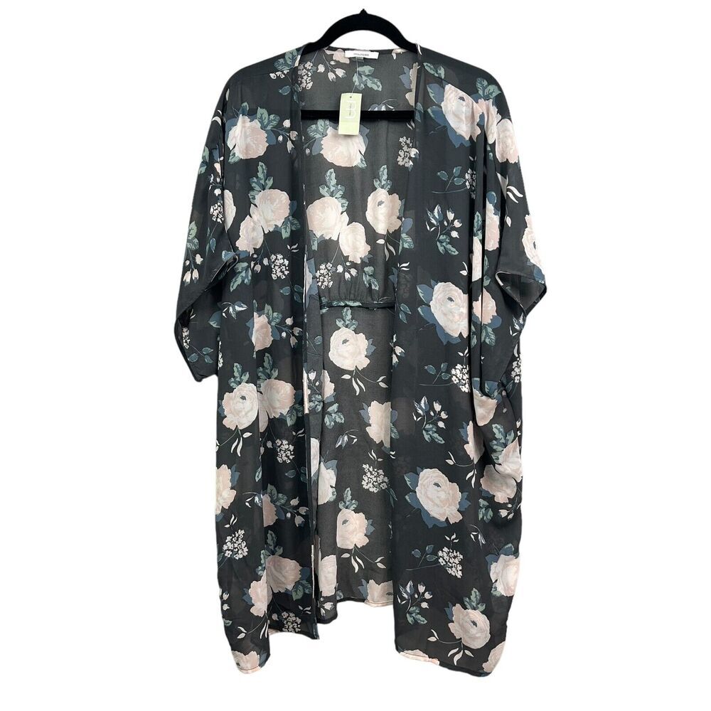 Maurices Womens Kimono Floral Semi Sheer Open Front Short Sleeves Gray SZ L-XL*